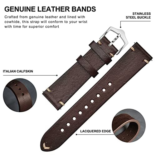 BISONSTRAP Men's Watch Bands, Hand-Stitched Leather Watch Straps, Quick Release, 18mm 19mm 20mm 21mm 22mm