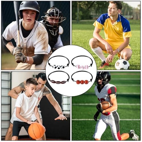 LLOUSSAK 24Pcs Sports Party Favors, Adjustable Sports Bracelets, Soccer Basketball Football Baseball Bracelet Wristbands, Sports Birthday Party Favors Charm Bracelets for Team Adults Gifts