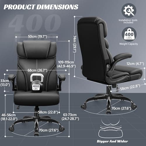 HeroSet Office Chair, Ergonomic Big and Tall Computer Desk Chairs, Executive Breathable Leather Chair with Adjustable Flip-up Armrests, Lumbar Support Swivel PC Chair with Rocking Function