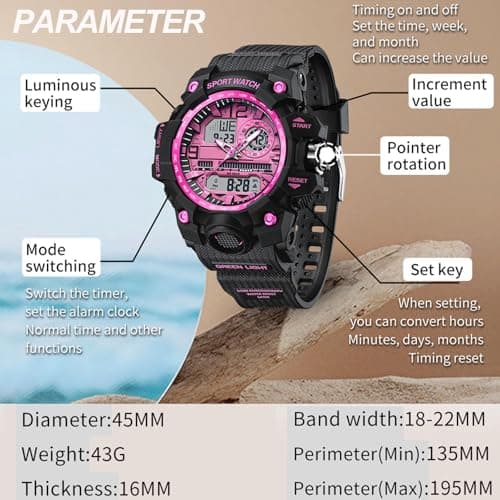 findtime Women's Sport Watch Digital Waterproof Watches Military Watches Analog Outdoor Wrist Watch LED Luminous Alarm Stopwatch Dual Time Wristwatch