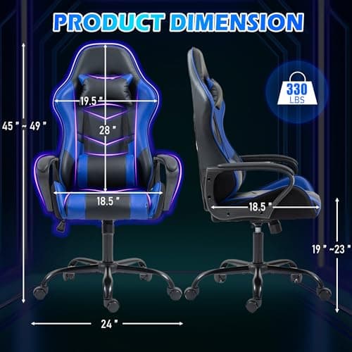 ECOTOUGE Gaming Chair, Ergonomic Video Game Chair with Massage Lumbar Support & Rocking High Back, 360° Swivel Computer Gamer Chair for Gaming or Office, Height Adjustable, Blue