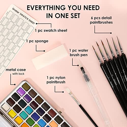 High Pigment Paints, Blendable Colors, Portable Travel Case, Painting, Sketching, Illustration, Beginner And Hobby Artists Grabie 50 Color Watercolor Paint Set with Brush Pens B0BJPQ3TKS