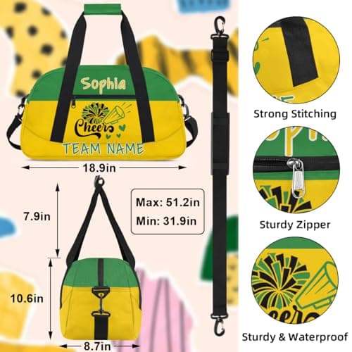 Zestdesign Personalized Cheerleader Bag, Custom Cheer Bag with Name, Customize Gym Sport Duffel Bag for Women, Green Yellow