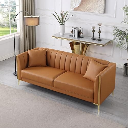 FOTOSOK 78'' Couch Sofa, Modern Leather Couches for Living Room, Comfy, Faux Leather Sofa 3 Seater Sofa with 2 Throw Pillows and Gold Metal Legs, Deep Seat Sofas (Brown)