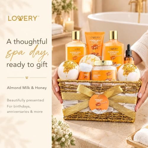 Gifts for Women Gift Basket for Women - 10 Pc Almond Milk & Honey Beauty & Personal Care Set - Home Bath Pampering Package for Relaxing - Spa Self Care Kit - Thank You, Birthday, Mom, Anniversary Gift