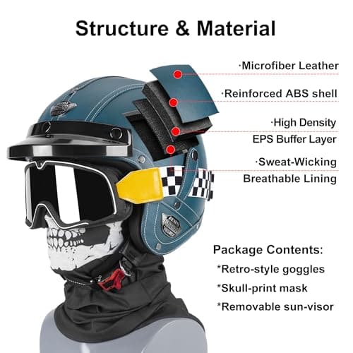 Handmade Leather 3/4 Open Face Motorcycle Helmet Retro Vintage Style DOT Approved Adult Half Helmet for Men Women Motorbike Moped Cruiser Scooter