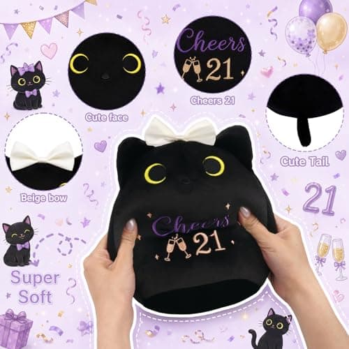 8inch Cat Stuffed Anmals with Cheers 21, Soft Plush Cute 21 Year Old Birthday Gifts for Girls Women 21st Birthday Black Cat Plush, 21st Birthday Gifts for Girls Her B0H2GV3YWL