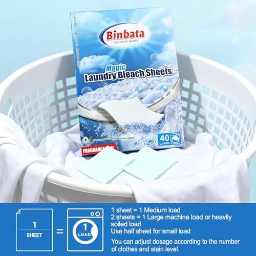Binbata 2-in-1 Whitening Laundry Detergent Sheets 40 Loads, Unscented Hypoallergenic Eco Laundry Bleach Sheets Apply for white clothes, Effectively Remove Yellowing & Greying, Safe for Sensitive Skin