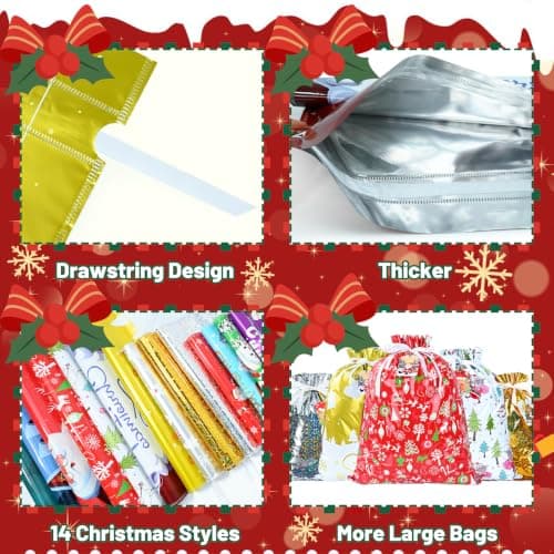 14 Styles Colorful Xmas gifts Bags with 20 Cards for Gifts Holiday Present Wrapping Xmas Decor 20 Pcs Christmas Drawstring Gift Bags, Assorted Sizes with More Large Bag. B0H7MP6FX5