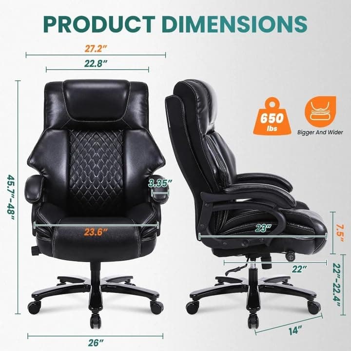 BOSMILLER 650lbs Large Big and Tall Office Chair for Heavy People with Adjustment Lumbar Support, Comfy Padded Heavy Duty Leather Executive Office Chair with Quiet Rubber for Adults 8 Hours Daliy Work