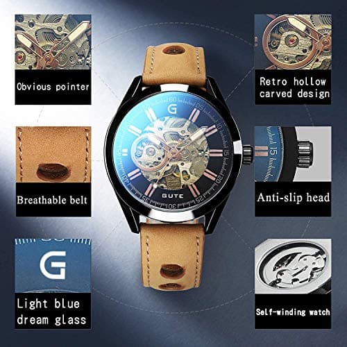 GLEIM Gute Mens Watches, Mechanical Skeleton Automatic Self-Winding Steampunk Watch for Men, Casual Clock Brown Leather Wrist Watch