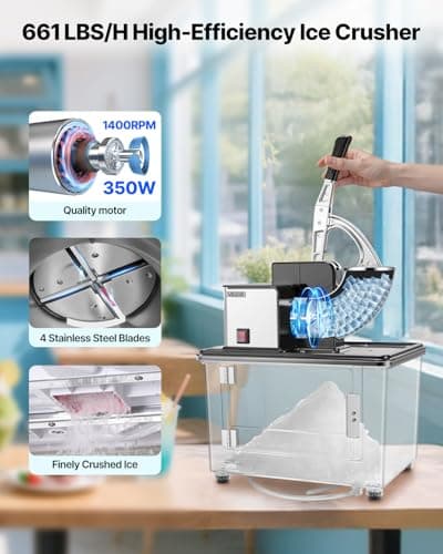 VEVOR Commercial Ice Crusher 661LBS/H, 350W Electric Snow Cone Machine with 4 Blades, 2000RPM Stainless Steel Shaved Ice Machine with 11 Gal Crushed-Ice Box, for Family Restaurants Bars, Black