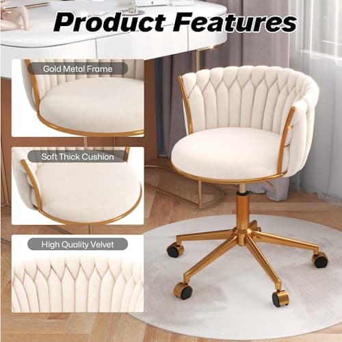 HENGJIANYI Velvet Woven Home Office Chair, Modern Swivel Desk Chair with Wheels, Height Adjustable Vanity Chair with Gold Metal Base and Hand Weaving Back, Beige