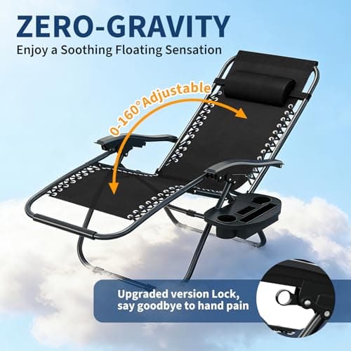 Garvee Zero Gravity Chair Set of 2, Patio Lounge Chair Outdoor with Pillow & Cup Holder Tray, Adjustable Reclining Chair, Folding Portable Camping Chair for Deck, Beach, Yard, Garden - Black
