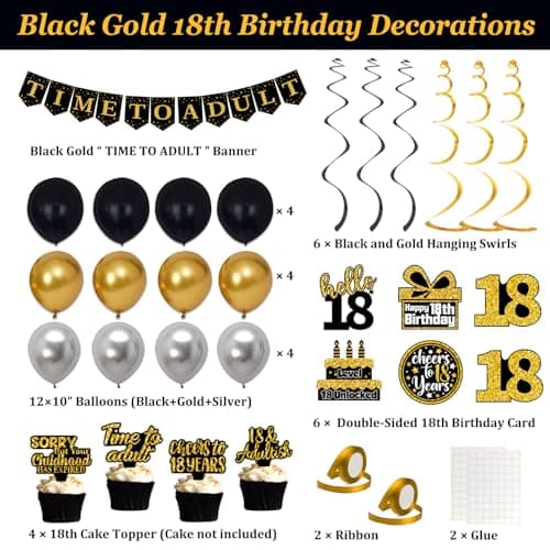 18th Birthday Decorations for Boys Girls, Black Gold Happy 18th Birthday Party Decorations, Time To Adult Birthday Banner, Backdrop, Balloons, Hanging Swirls, BIrthday Cards, Cake Topper, Pompom 52pcs