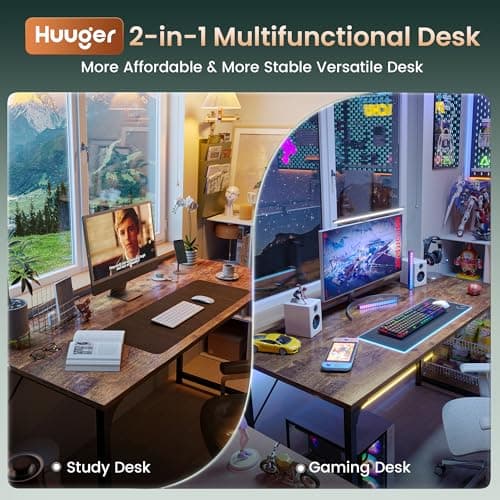 Huuger Computer Desk, 55 Inch Home Office Desk, Gaming Writing Work from Home Study Desk, Large Legroom, Sturdy Metal Frame, Modern Simple, Rustic Brown
