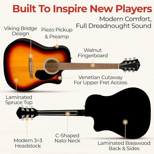Fender FA-125CE Dreadnought Cutaway Acoustic-Electric Guitar - Sunburst Bundle with Gig Bag, Strap, Strings, Picks, and Austin Bazaar Instructional DVD