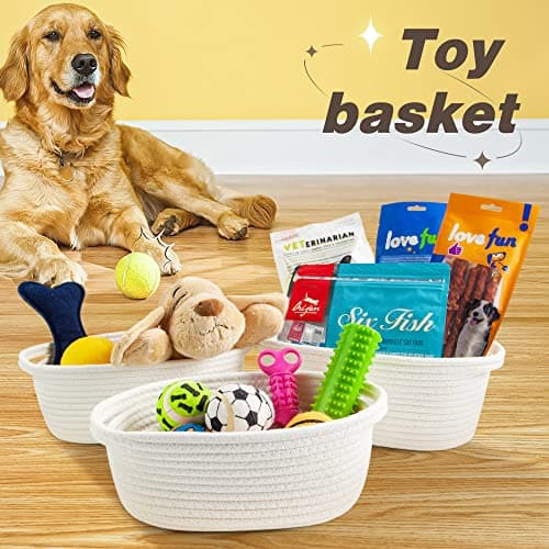 Pro Goleem Small Woven Basket with Gift Bags and Ribbons Durable Baskets for Halloween Gifts Empty Small Rope Basket for Storage 12"X 8" X 5" Baby Toy Baskets with Handles, White