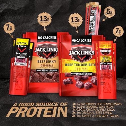 Jack Link's Beef Jerky Gift Basket Variety Pack - Includes Jerky, Meat Sticks, and Beef Steaks, Great Gift for Men, Perfect Hunting Trip Snacks, 15-Piece Assorted Meat Snack Pack