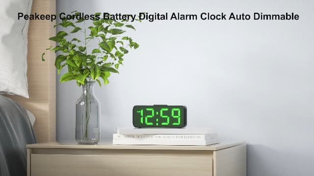 Peakeep Small Battery Powered Digital Alarm Clocks for Bedrooms Bedside, Cordless Tiny Travel Portable Desk Clock, Large Numbers Auto Dimmable, LED Display 4 Dimmers, 5 Alarm Volumes