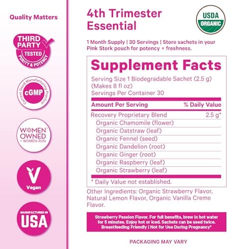 Pink Stork Postpartum Recovery Herbal Tea, Organic Red Raspberry Leaf with Chamomile, Hormone Balance for Women After Labor and Delivery, Strawberry Passion, Hot or Iced, Caffeine-Free, 15 Sachets