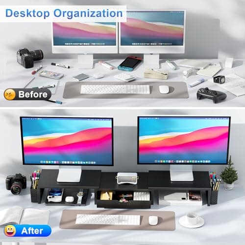 gianotter Dual Monitor Stand Riser, Desk Organizer With Drawer and 2 Pen Holders, Computer Monitor Stand, Desk Shelf for Top of Desk (Black)