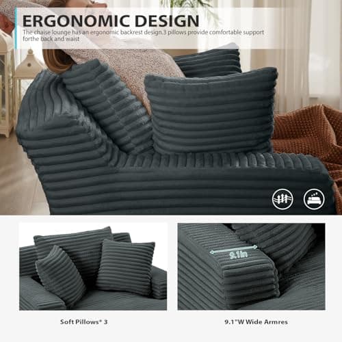 50 Inch Chaise Lounge Chair Indoor, Oversized Corduroy Upholstered Boneless Sofa Bed, Deep Seat Sleeper Couch Reading Chairs, Cloud Sofas Couches for Living Room, No Assembly Required (Dark Grey)