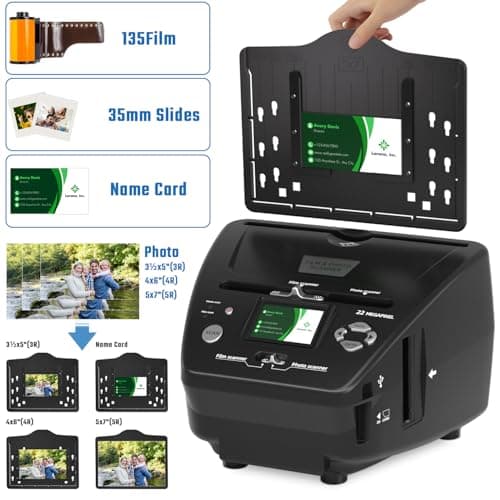 Photo and Slide Scanner with 2.4” LCD Screen, Convert Negatives & Slides 35mm/135 Film, Photo(3R,4R,5R), Business Card to 22MP JPEG Digital Photos, 4GB SD Card Included