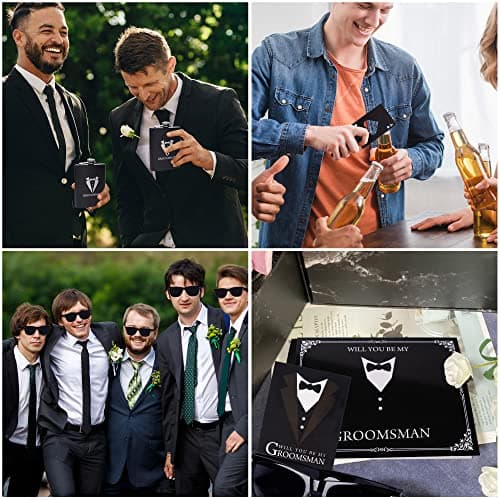 6 Pieces Groomsmen Gifts Set : 1 Pcs 8oz Stainless Steel Tuxedo Flask 1 Pcs Poker Bottle Cap Opener 1 Pcs Groomsmen Gauge Glasses 1 Pcs Sunglasses 1 Pcs Card 1 Pcs Groomsmen Gift Bags for Wedding B0C2Y9C42C