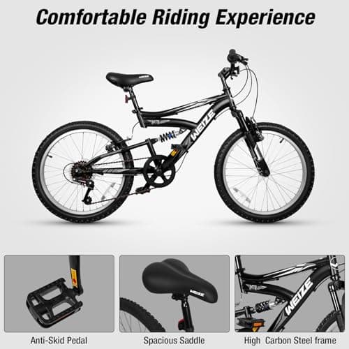 WEIZE Kids Mountain Bike, 20 24 inch Kids' Bicycles for 6-14 Years Old Boys Girls with Dual Full Suspension, 6 Speeds Drivetrain, High-Carbon Steel Frame, Ideal for Young Riders and Adventurers