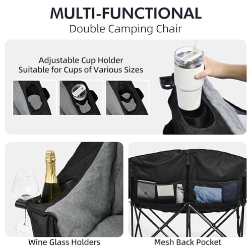 Double Camping Chair Loveseat - 2 Person Oversized Camping Couch for Adults Padded Heavy Duty Outdoor Lawn Beach Portable Folding Chairs with Cup Holders and Carry Bag Support 600lbs, Black/Grey