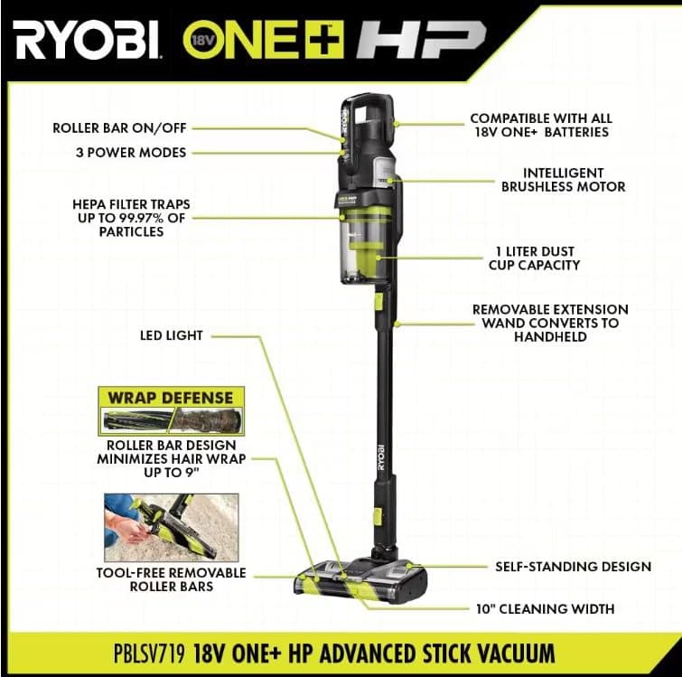 RYOBI ONE+ HP 18V Cordless Advanced Whisper Series Stick Vacuum Kit with 4.0 Ah Battery and Charger (Renewed)