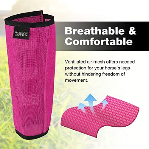 Harrison Howard Loose Fitting Fly Boots UV-Protective Extra Tough Mesh Ventilated Four Fasteners Stay-on Design Protect Horse Legs & Stomp-Reducing Set of 4 Magenta Large