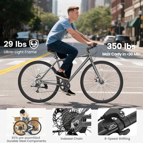 MOONCOOL Hybrid Bike for Men, 700C Aluminum 29LBS Ultra-Light 8-Speed Commuter Bike, 350lb Capacity, 29" Adult Urban Bicycle, Dual Disc Brakes, for Tall Men&Women, 85% Pre-Assembled
