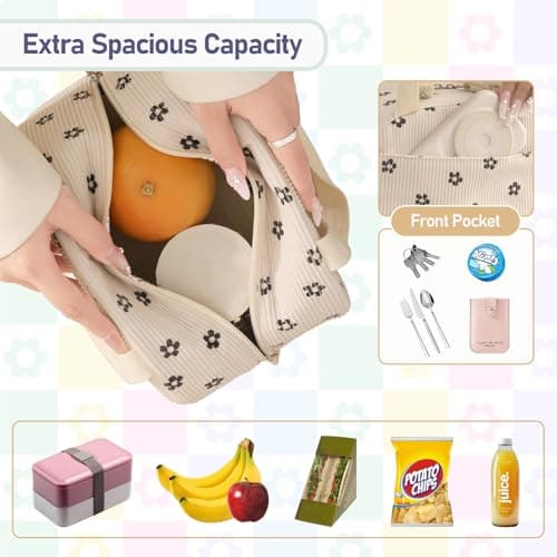 Baglemon Lunch Bag for Women Men Cute Corduroy Lunch Tote Bags Reusable Insulated Lunch Box Large Capacity Reusable Insulated Cooler for Work/Picnic/Travel
