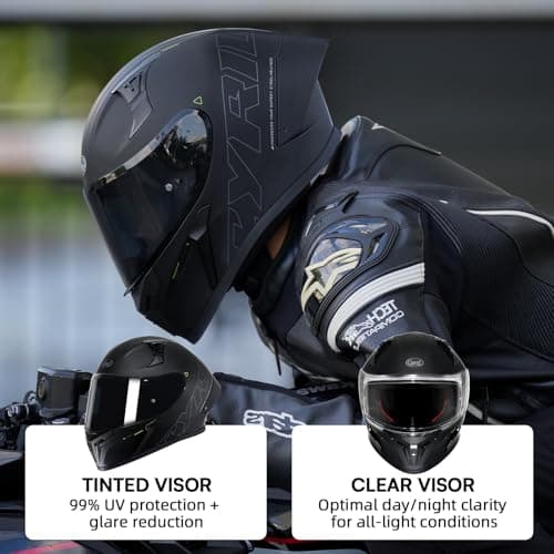 CYRIL Full Face Motorcycle Helmet DOT Approved for Adults Men Women, Motorbike Street Bike Racing Helmet with Tinted & Extra Clear Tool-Free Swappable Visors, Includes Storage Bag