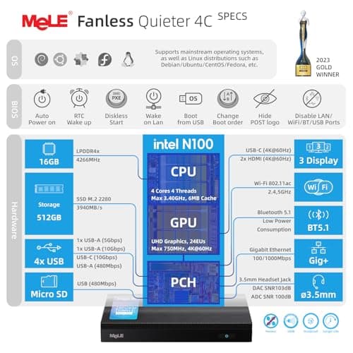 MeLE Fanless Mini PC Quieter 4C, N100 16GB RAM 512GB Storage Win 11 Mini Computers, Micro PC with Full-Functional USB-C, 2.4G/5G WiFi, 4K Triple Screen on Home, Office, Education, Astrophotography