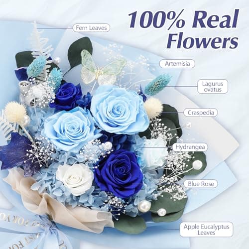Casaido Preserved Flowers for Delivery, 6 Blue Roses Bouquet, Birthday Gifts for Women, Christmas Rose Gifts for Mom Wife Girlfriend, Forever Real Flowers for Valentines Day Anniversary