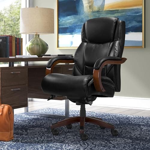 La-Z-Boy Delano Big and Tall Executive Office Chair - Ergonomic Lumbar Support Memory Foam - Bonded Leather Desk Chair for Home Office - Mahogany Wood Arms - Black