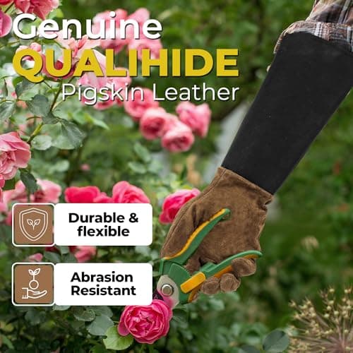 HANDLANDY Long Gardening Gloves for Men & Women, Pigskin Leather Rose Pruning Gloves, Breathable Thorn Proof Gauntlet Glove (Brown-Pigskin, M)