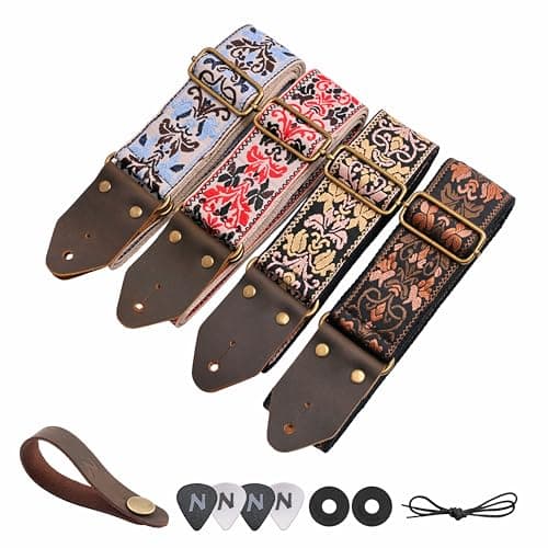 Nefelibata Guitar Strap,Jacquard Embroidery Cotton Guitar Straps with Crazy Horse Leather Ends for Bass, Electric & Acoustic, Best Gifts for Kids, Guitarists(Embroidered Gold Flower)