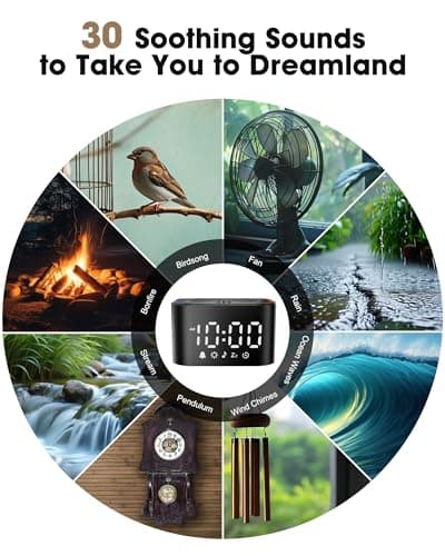 Alampan White Noise Sound Machine with Alarm Clock, 30 Soothing Sounds, Noise Machine for Sleeping, RGB Night Light, Digital Clock, Adults, for Bedside, Nightstand, Including Fan, Rain, Bird, Ocean