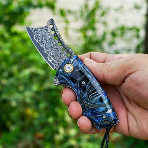 VNLA Handmade VG10 Damascus Steel Folding Pocket Knife - 2.2-Inch Blade, Liner Lock, One-of-a-Kind Random Resin Handle, Cowhide Sheath - Premium Men's EDC Gift for Outdoor Enthusiasts