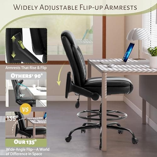 Drafting Chair,Executive Tall Office Chair Flip-up Armrests for Counter Height Desk Drawing Use,High Task Chair with Adjustable Foot Ring & Inflatable Lumbar Support, Swivel Computer Stool,PU Black