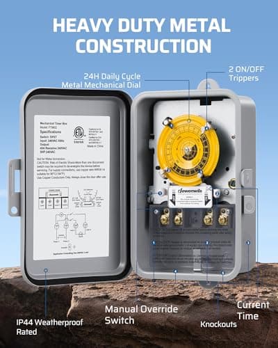DEWENWILS 24-Hour Mechanical Timer Switch - 208-277VAC DPST, 5HP 40A, Metal Enclosure, Heavy Duty, Manual Override, Ideal for Pool Pump, Water Heater, Lights and Fans, Weatherproof, ETL Listed, Gray