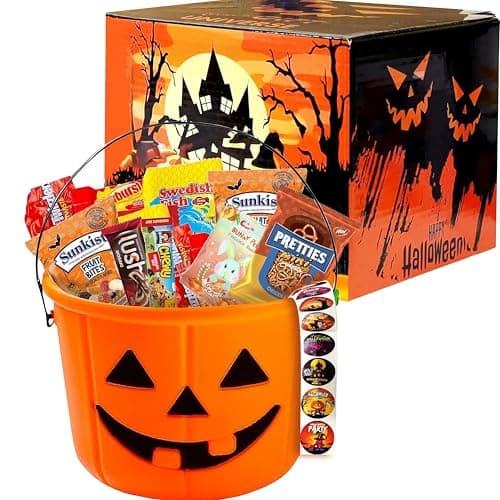 Halloween Assorted Pumpkin Bucket (44 Count) Filled with Candies, Snacks, Cookies and more, Treats for Family, Friends, Kids, Boys and Girls