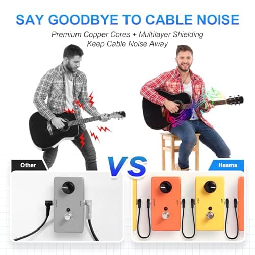 Heams Professional 6 Pack 6 Inch Guitar Patch Cables, Noise Free and Long-Lasting Guitar Pedal Cable, Low Profile Save More Space Pedal Board Cables, Right Angle Flat Patch Cable, Black
