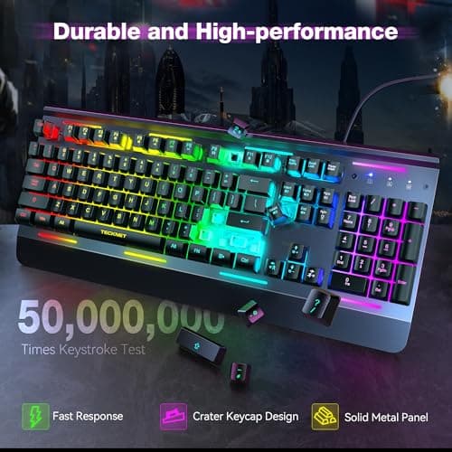 TECKNET Gaming Keyboard, USB Wired Computer Keyboard, 15-Zone RGB Illumination, IP32 Water Resistance, 25 Anti-ghosting Keys, All-Metal Panel (Whisper Quiet Gaming Switch)