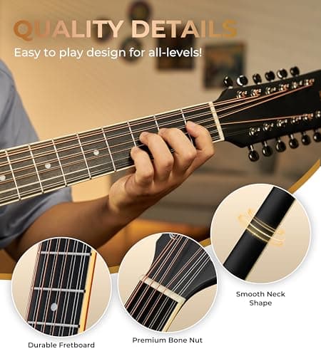 Vangoa 12 String Guitar Acoustic Electric, Upgraded Guitar 12 Strings Bundle for Beginner Intermediate Adults Teens, Guitarra de 12 Cuerdas, Spruce Top Bone Nut, Black, Matte