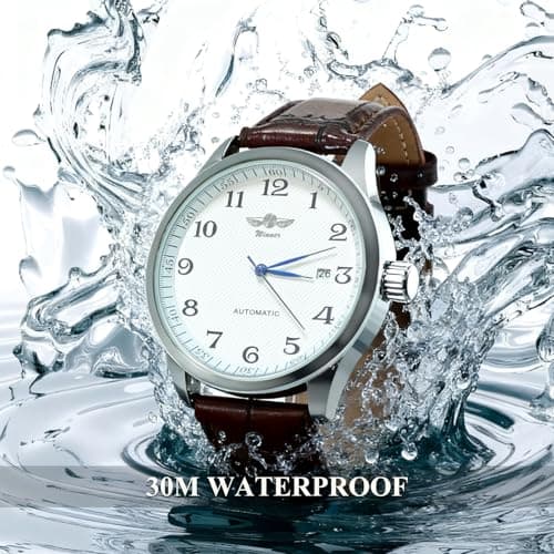 Gute Men's Watch, Mechanical Skeleton Steampunk Automatic Self-Winding Arabic Numeral Blue Hands Brown PU Leather Wrist Watch